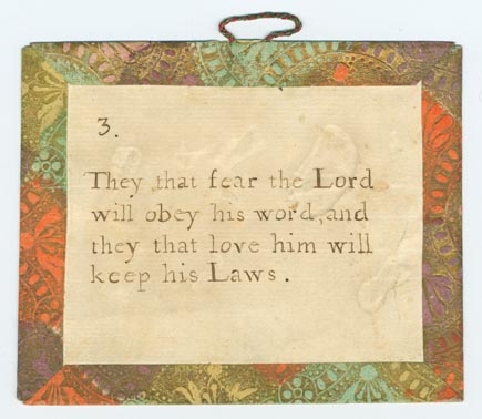 Set 15. All Wisdom cometh from the Lord. Set of lesson cards, Nos. 1-8, religious in nature. Borders and verso in brown, orange, and green Dutch paper with cord hangers. 8 items.: Page 5 of 16