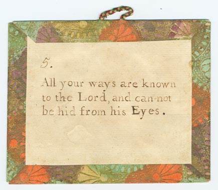 Set 15. All Wisdom cometh from the Lord. Set of lesson cards, Nos. 1-8, religious in nature. Borders and verso in brown, orange, and green Dutch paper with cord hangers. 8 items.: Page 9 of 16