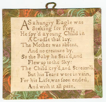 Set 16. As a hungry eagle. Group of 6 unnumbered lesson cards of assorted sizes, each with brown, orange, and green Dutch paper border, cord hanger, and picture on verso except as noted. 6 items.: Page 1 of 12