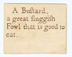 Set 19. A bustard, a great sluggish fowl. Set of 12 unnumbered cards with related picture and story. The words describe the colored figures on verso. 12 items.: Page 1 of 24