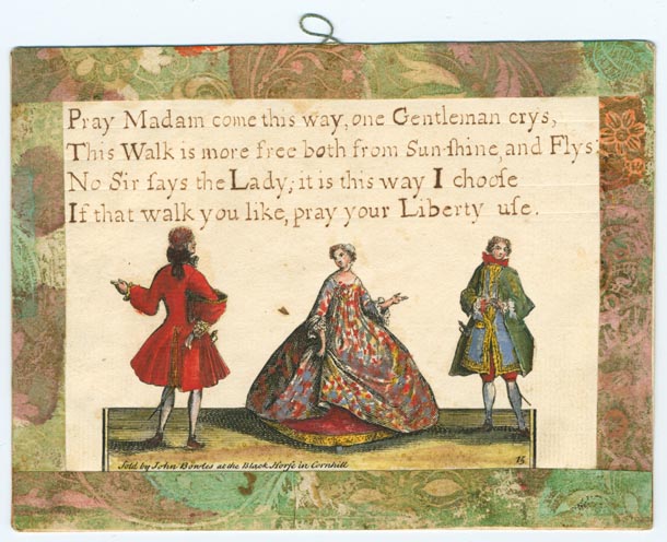 Set 21. How smiling and pleasant. Group of 6 cards with verses relating to dress and social activities, and hand-colored pictures with printed Nos. 11, 13, 14, 15, 18, and unnumbered. String hangers. Brown, orange, and green Dutch paper borders and verso.: Page 7 of 12