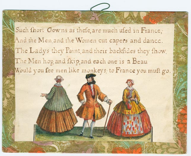 Set 21. How smiling and pleasant. Group of 6 cards with verses relating to dress and social activities, and hand-colored pictures with printed Nos. 11, 13, 14, 15, 18, and unnumbered. String hangers. Brown, orange, and green Dutch paper borders and verso.: Page 9 of 12
