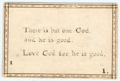 Set 22. There is but one God and he is good. Set of lesson cards, Nos. 1-57, of religious and moral sayings. Each with Arabic and Roman numerals. Ink borders, colored pictures on verso. A brief description of the pictures is provided.: Page 1 of 114