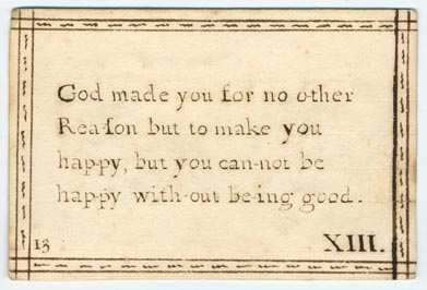 Set 22. There is but one God and he is good. Set of lesson cards, Nos. 1-57, of religious and moral sayings. Each with Arabic and Roman numerals. Ink borders, colored pictures on verso. A brief description of the pictures is provided.: Page 25 of 114