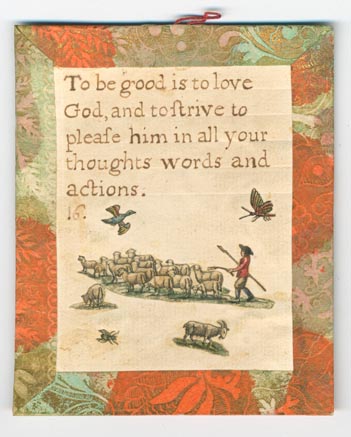Set 23. There is but one God and he is great. Set of lesson cards, Nos. 1-37, of religious and moral sayings. Arabic numbering only. Hand-colored pictures below sayings. Each with brown, orange, and green Dutch paper borders and verso, string hangers.: Page 31 of 74