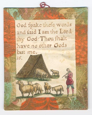 Set 23. There is but one God and he is great. Set of lesson cards, Nos. 1-37, of religious and moral sayings. Arabic numbering only. Hand-colored pictures below sayings. Each with brown, orange, and green Dutch paper borders and verso, string hangers.: Page 35 of 74