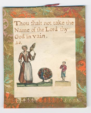 Set 23. There is but one God and he is great. Set of lesson cards, Nos. 1-37, of religious and moral sayings. Arabic numbering only. Hand-colored pictures below sayings. Each with brown, orange, and green Dutch paper borders and verso, string hangers.: Page 39 of 74