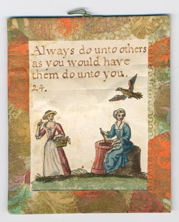 Set 23. There is but one God and he is great. Set of lesson cards, Nos. 1-37, of religious and moral sayings. Arabic numbering only. Hand-colored pictures below sayings. Each with brown, orange, and green Dutch paper borders and verso, string hangers.: Page 47 of 74