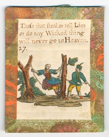 Set 23. There is but one God and he is great. Set of lesson cards, Nos. 1-37, of religious and moral sayings. Arabic numbering only. Hand-colored pictures below sayings. Each with brown, orange, and green Dutch paper borders and verso, string hangers.: Page 53 of 74