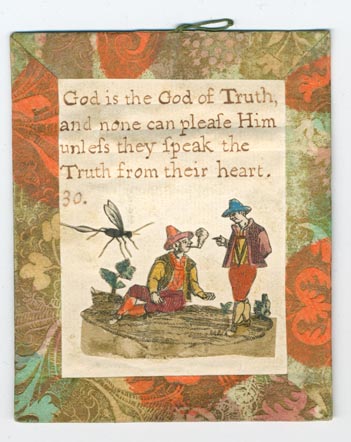 Set 23. There is but one God and he is great. Set of lesson cards, Nos. 1-37, of religious and moral sayings. Arabic numbering only. Hand-colored pictures below sayings. Each with brown, orange, and green Dutch paper borders and verso, string hangers.: Page 59 of 74