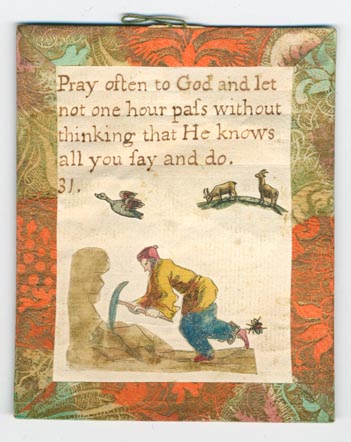 Set 23. There is but one God and he is great. Set of lesson cards, Nos. 1-37, of religious and moral sayings. Arabic numbering only. Hand-colored pictures below sayings. Each with brown, orange, and green Dutch paper borders and verso, string hangers.: Page 61 of 74