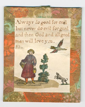 Set 23. There is but one God and he is great. Set of lesson cards, Nos. 1-37, of religious and moral sayings. Arabic numbering only. Hand-colored pictures below sayings. Each with brown, orange, and green Dutch paper borders and verso, string hangers.: Page 63 of 74