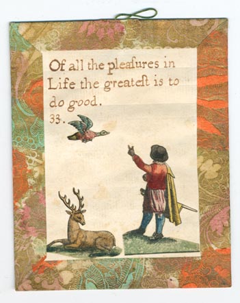 Set 23. There is but one God and he is great. Set of lesson cards, Nos. 1-37, of religious and moral sayings. Arabic numbering only. Hand-colored pictures below sayings. Each with brown, orange, and green Dutch paper borders and verso, string hangers.: Page 65 of 74