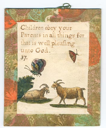 Set 23. There is but one God and he is great. Set of lesson cards, Nos. 1-37, of religious and moral sayings. Arabic numbering only. Hand-colored pictures below sayings. Each with brown, orange, and green Dutch paper borders and verso, string hangers.: Page 73 of 74