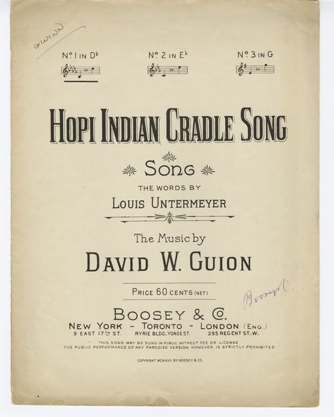 Untermeyer, Louis, Guion, David W. (David Wendell). Hopi Indian cradle song. New York: Boosey & Co., 1917.: Page 1 of 8