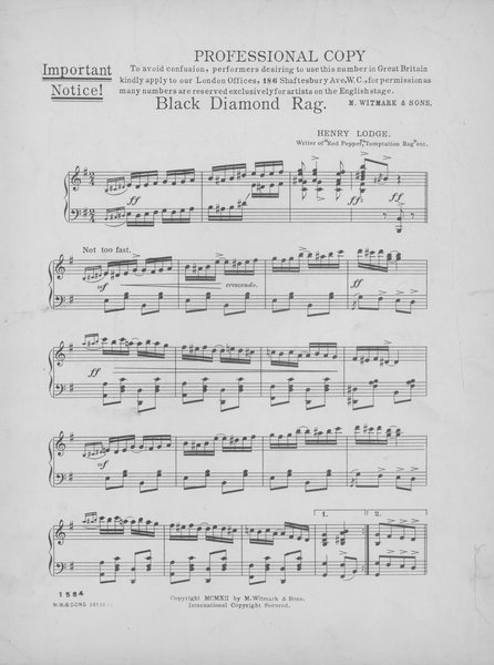 Lodge, Henry. Black diamond rag. [New York]: M. Witmark & Sons, 1912.: Page 1 of 4