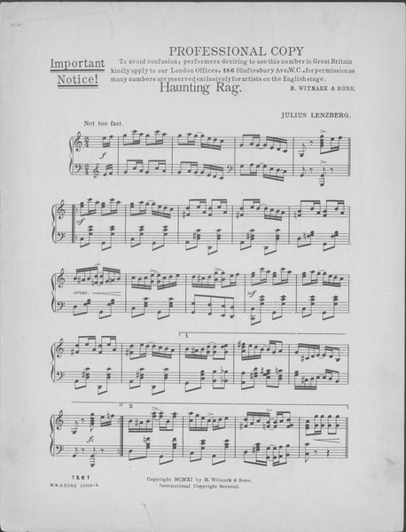 Lenzberg, Julius. Haunting rag. New York: M. Witmark & Sons, 1911.: Page 1 of 4