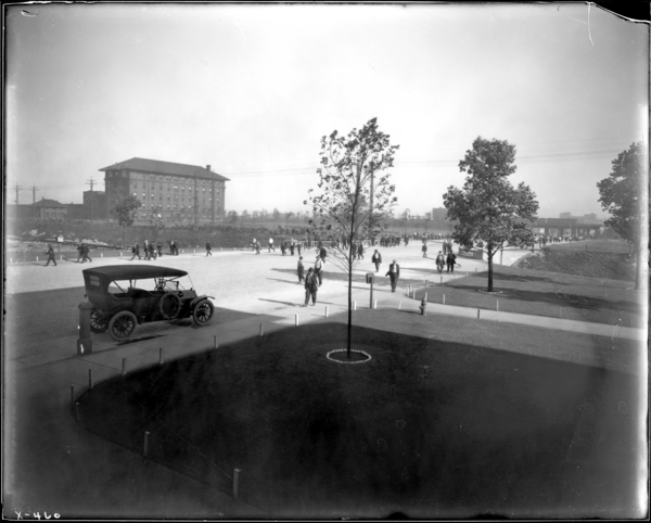 Broadway Gate, View From Front Steps of General Office Building, Looking S.E. Toward Bridge Showing Men Coming To Work
