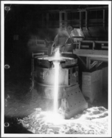 Molten steel poured from open hearth furnace [click for larger image]